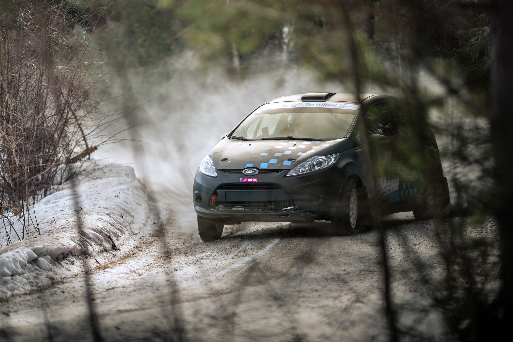 Rally car sliding through snow, framed by dark branches